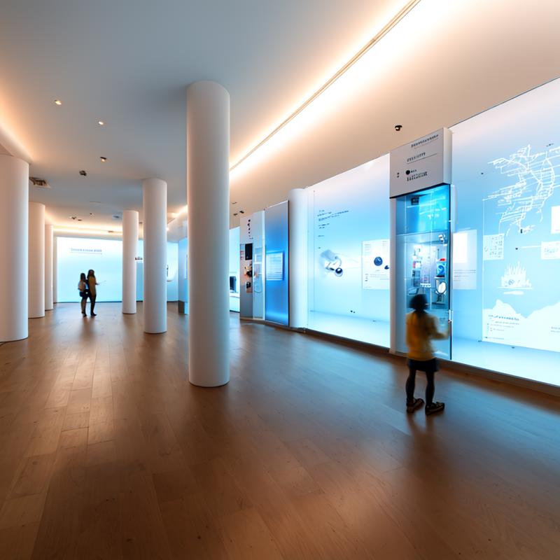 01307-1532956477-A minimalist science and technology museum, an exhibition hall, with a huge screen hanging on the wall, emitting blue light, a m.png